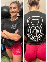Load image into Gallery viewer, Black ES TIME FOR FITNESS Dri Fit shirt White Logo front and back
