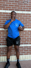Load image into Gallery viewer, Blue ES TIME FOR FITNESS Dri Fit shirt White Logo front and back
