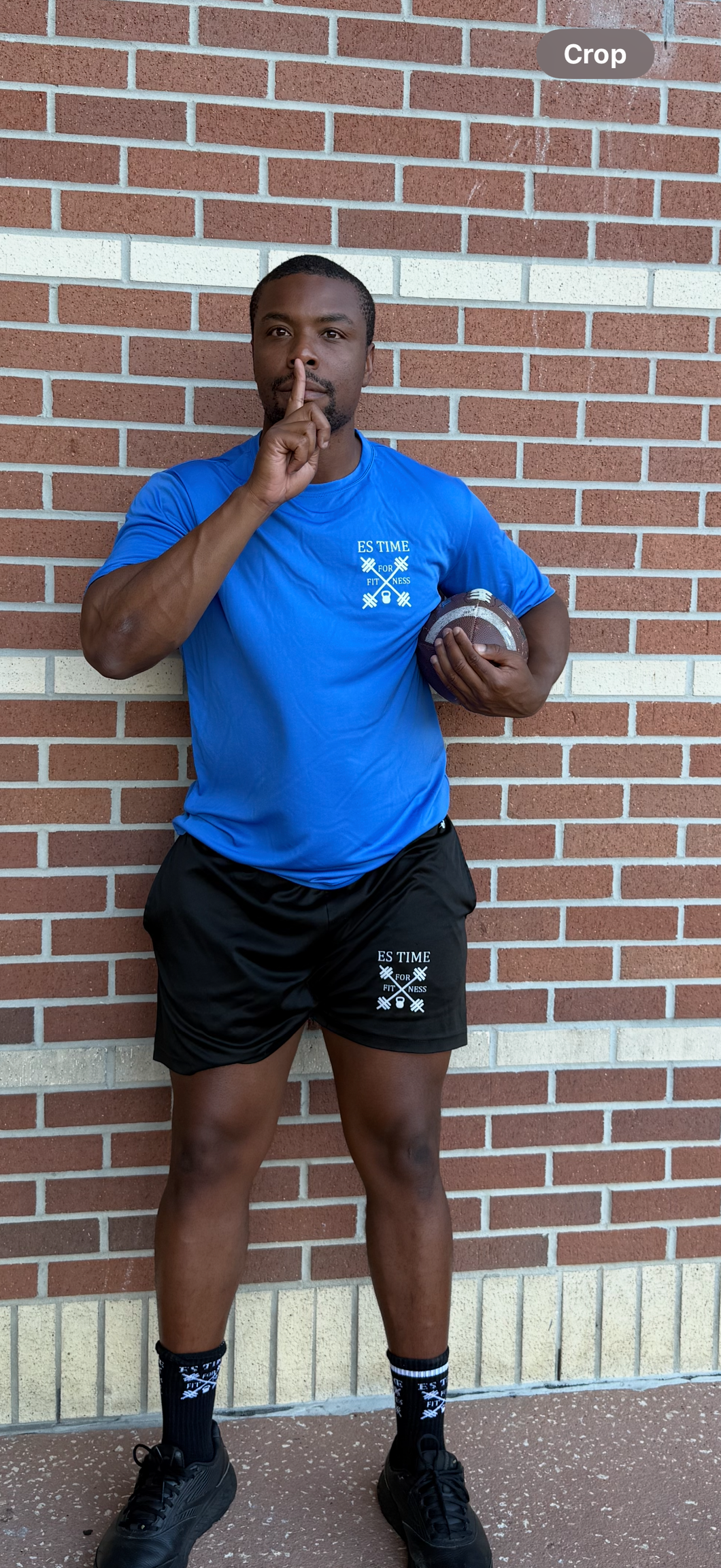 Blue ES TIME FOR FITNESS Dri Fit shirt White Logo front and back