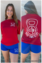 Load image into Gallery viewer, Red ES TIME FOR FITNESS Dri Fit shirt White Logo front and back

