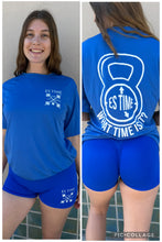 Load image into Gallery viewer, Blue ES TIME FOR FITNESS Dri Fit shirt White Logo front and back
