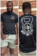 Load image into Gallery viewer, Black ES TIME FOR FITNESS Dri Fit shirt White Logo front and back
