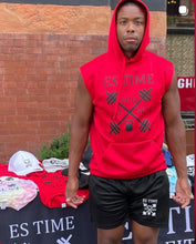 Load image into Gallery viewer, ES TIME FOR FITNESS Red Sleeveless Hoodie Black Logo
