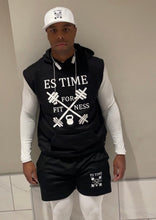 Load image into Gallery viewer, ES TIME FOR FITNESS Black Sleeveless Hoodie White Logo
