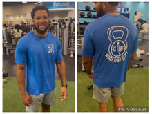 Load image into Gallery viewer, Blue ES TIME FOR FITNESS Dri Fit shirt White Logo front and back
