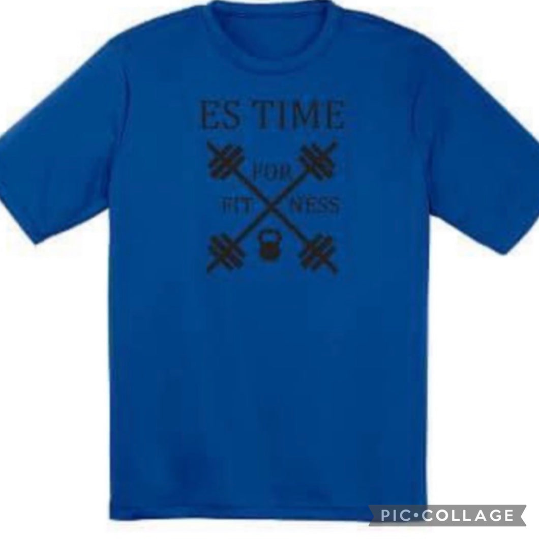 ES TIME FOR FITNESS Dri Fit Blue Shirt Black Logo Different Sizes