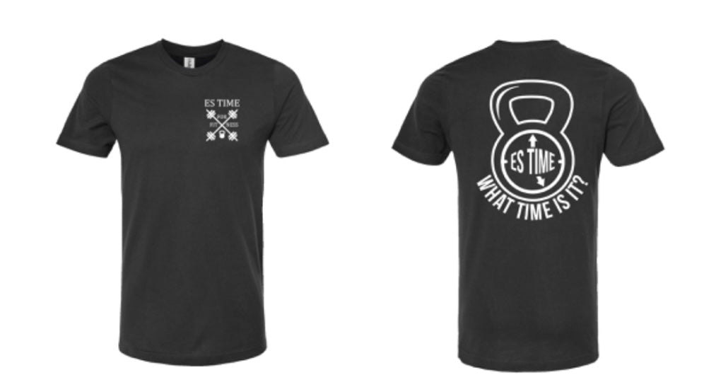 Black ES TIME FOR FITNESS Dri Fit shirt White Logo front and back
