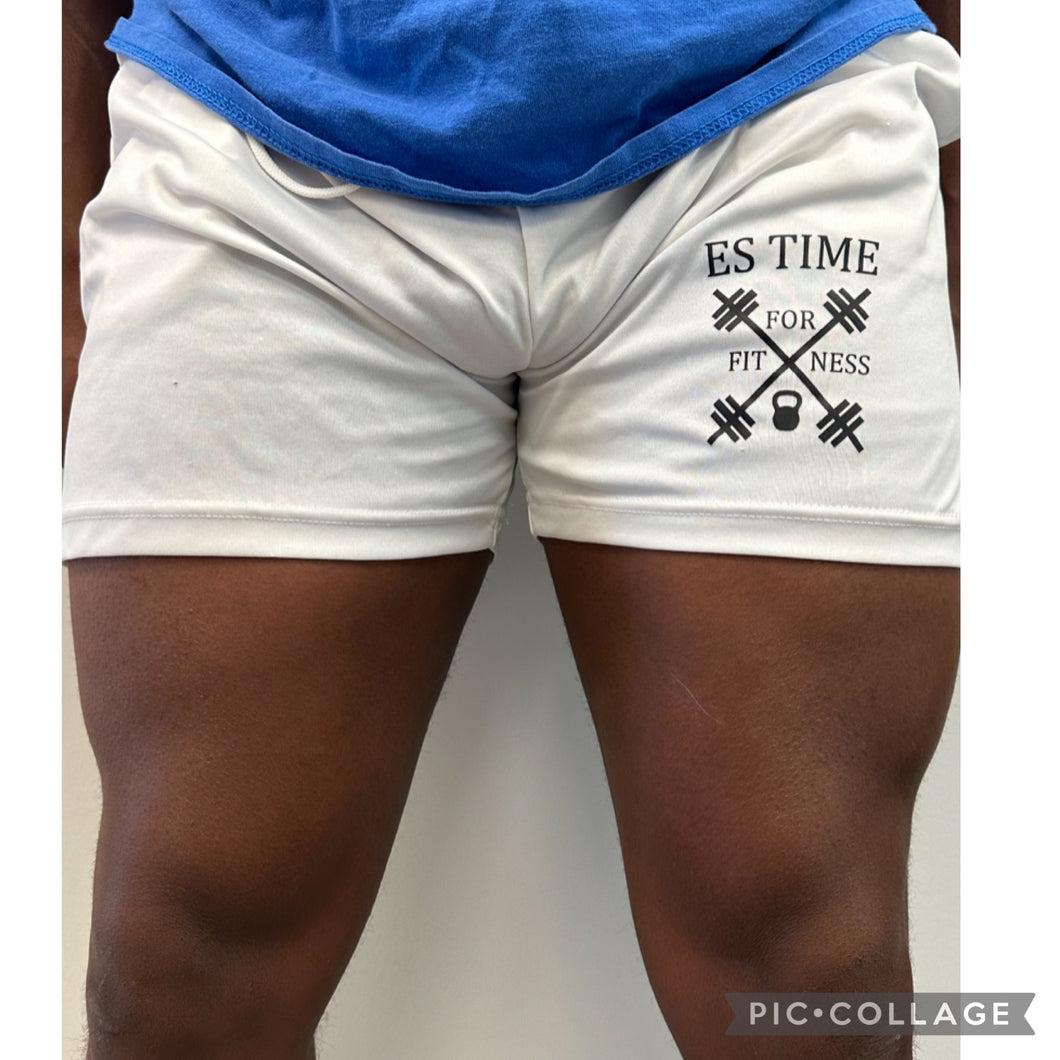 5 inch seam ES TIME FOR FITNESS White Gym Shorts With Black Logo Different Sizes ( YES THEY HAVE POCKETS)