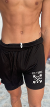 Load image into Gallery viewer, 5 inch seam ES TIME FOR FITNESS  Black Gym Shorts With White Logo  ( YES THEY HAVE POCKETS)
