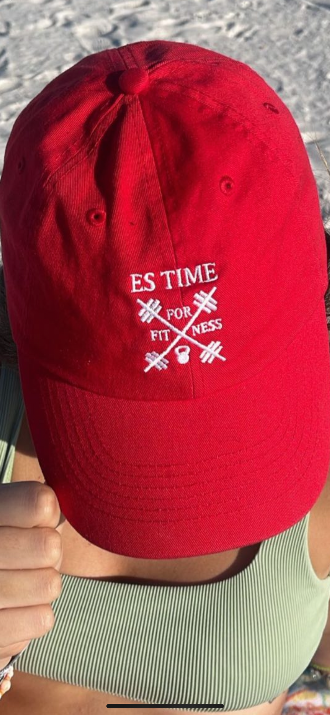 Red ES TIME FOR FITNESS Hat (Baseball Cap) With White Logo