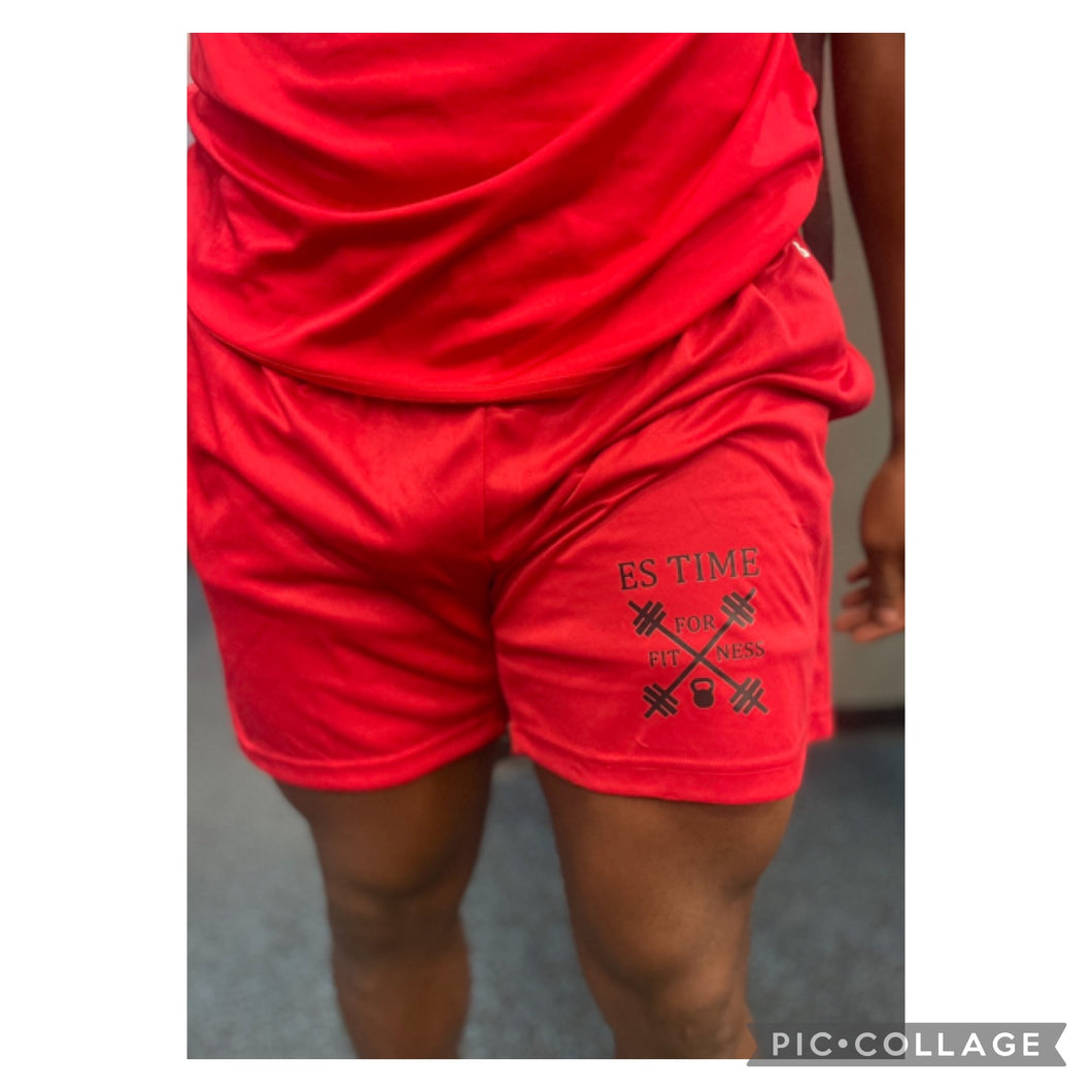 5 inch seam ES TIME FOR FITNESS  Red Gym Shorts With Black Logo Different Sizes ( YES THEY HAVE POCKETS)