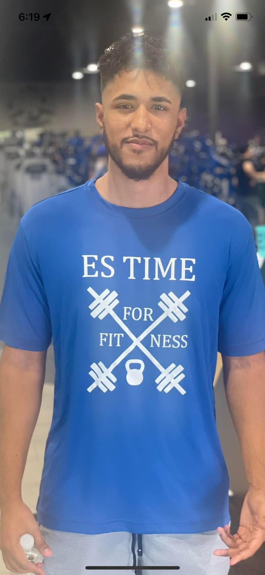 ES TIME FOR FITNESS Dri Fit Blue Shirt White Logo Different Sizes